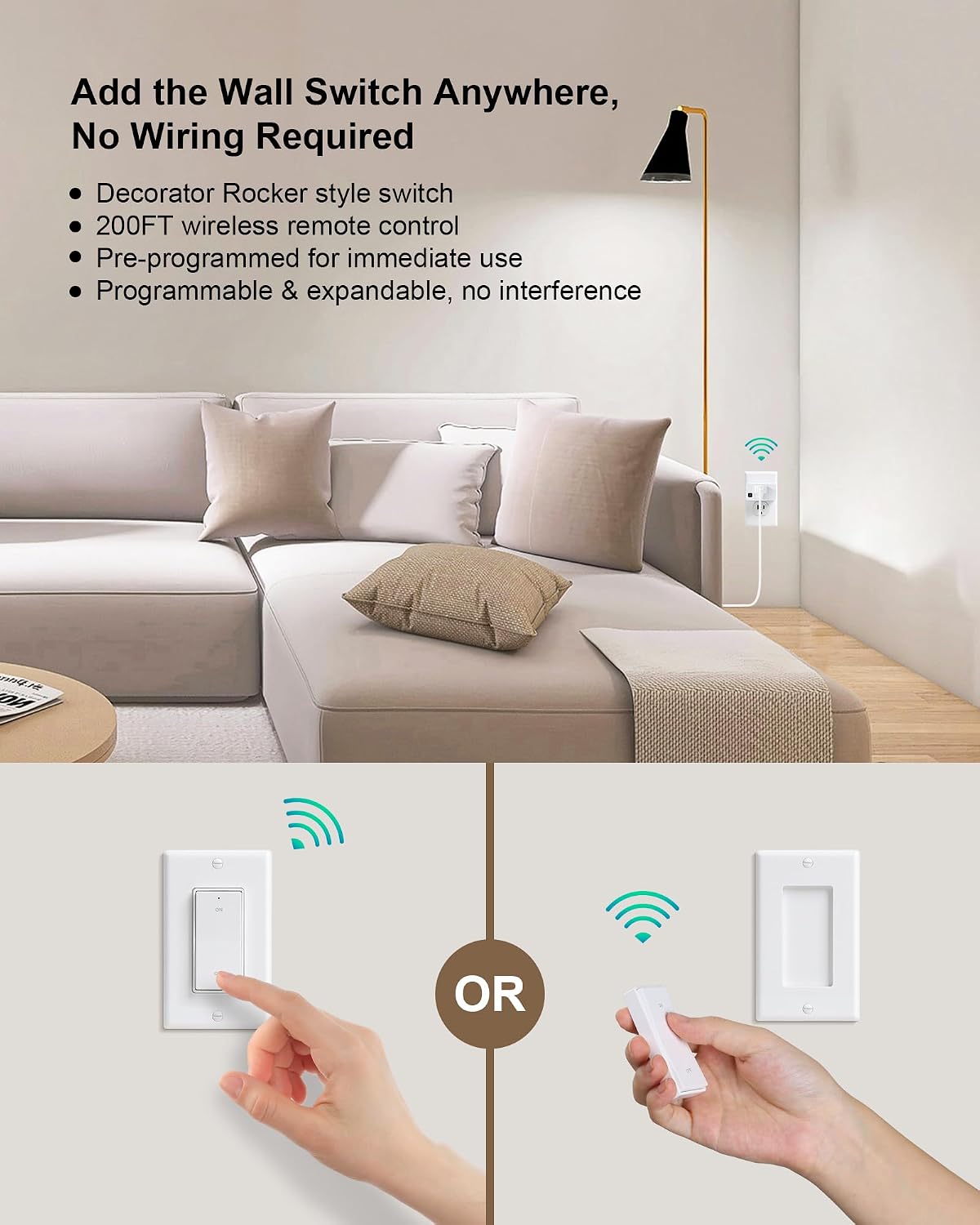 Wireless Remote Control Outlet with Decorator Rocker Wall Switch | 200FT Long Range Remote Light Switch, Mini Plug, 15A/1875W High-Power for Lamps, Lights, Household Appliances, ETL Listed
