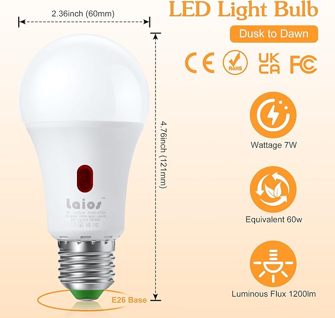 Laios Dusk to Dawn Sensor E26 Light Bulb, 7W LED Outdoor Photocell Lighting Bulb - Image 5