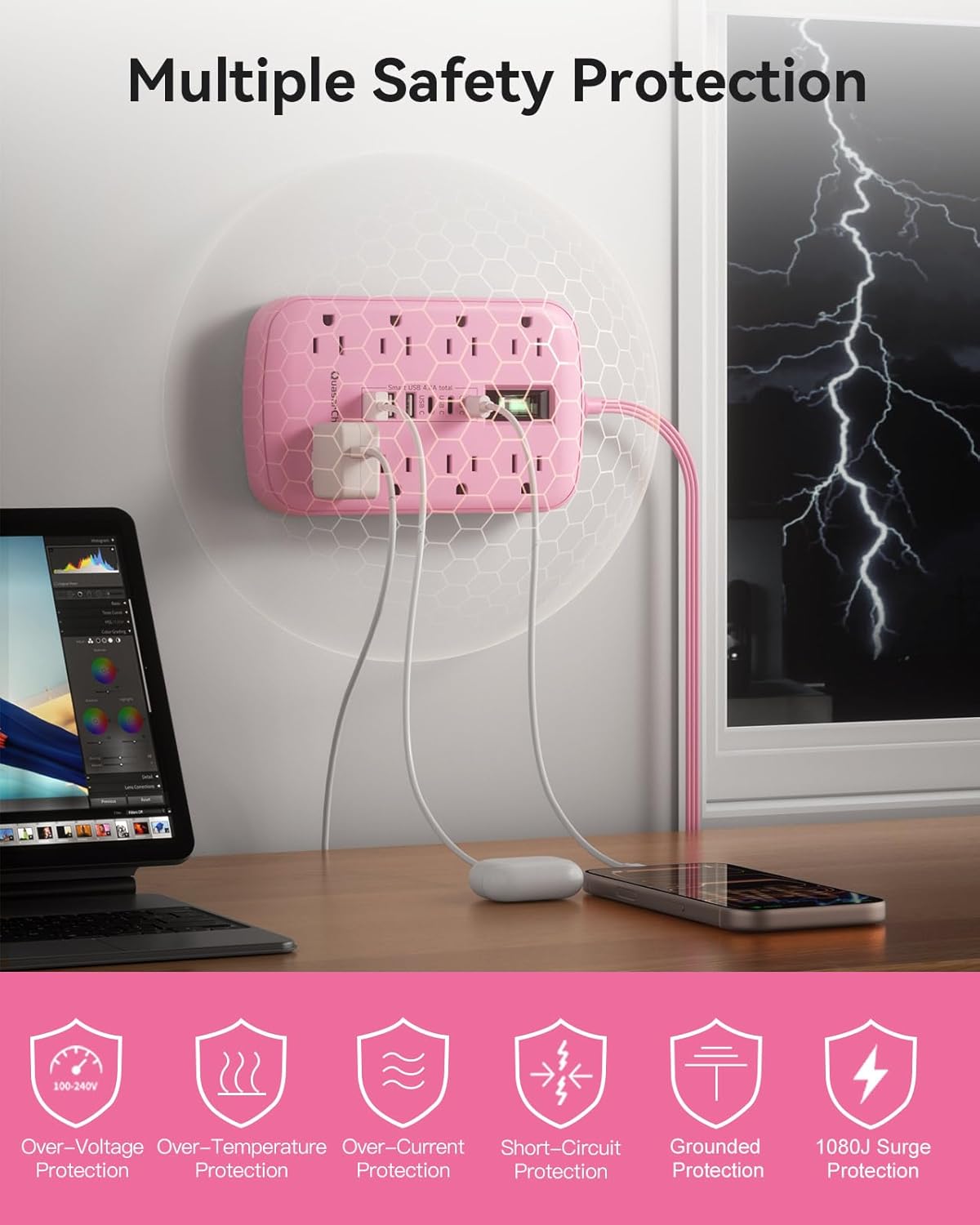 Pink Extension Cord with Surge Protector - 5 FT Kawaii Power Strip | 1625W, Cute Extension Cord with 6 USB(3 USB-C) 8 Outlets, Pink Desk Accessories for Women Girl, Kawaii Room Decor Office Dorm