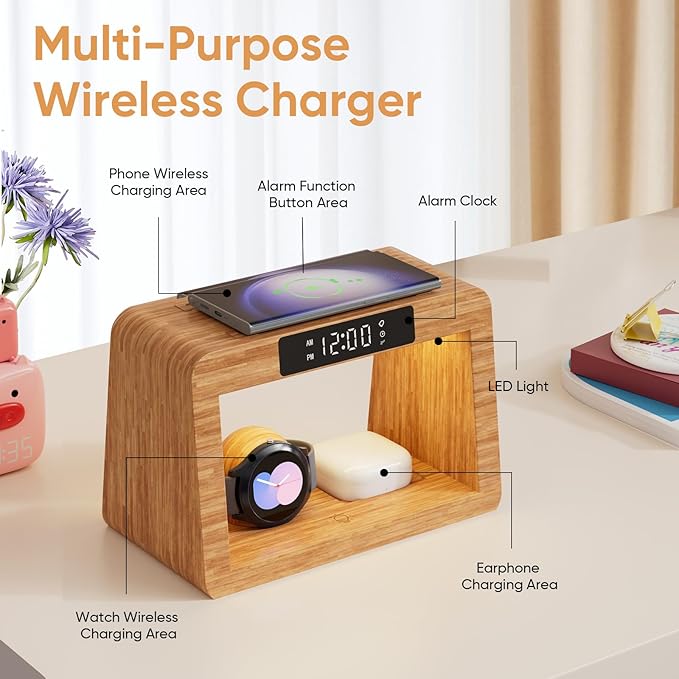 Bamboo Wireless Charging Station, 3 in 1 Charging Station - Image 4