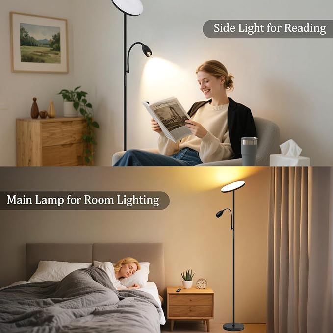 LED Torchiere Floor Lamp with Gooseneck Reading Light, Remote Control Standing - Image 5