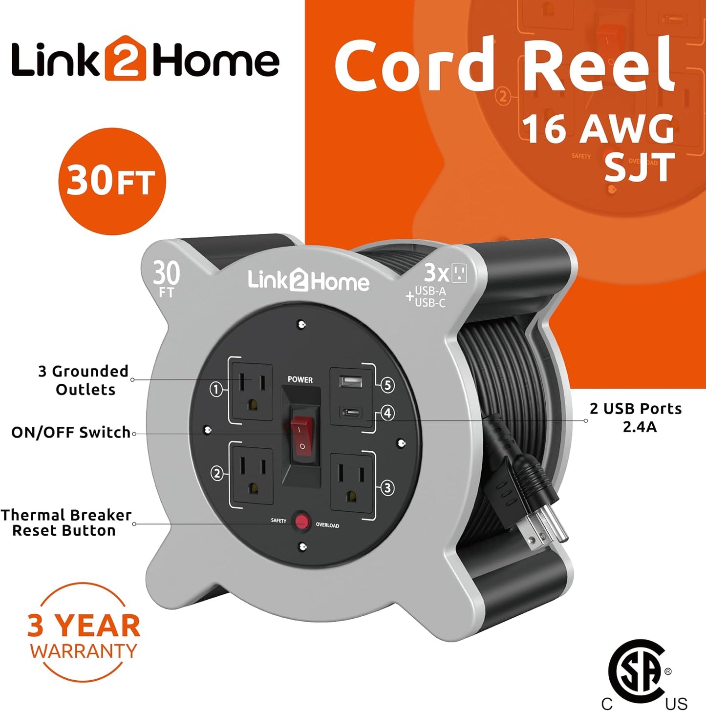 Link2Home 30 Ft. Extension Cord Reel, 3 Outlets, 2 USB Ports | 16 AWG SJT cable, 2.4A fast-charge USB ports, compact reel storage