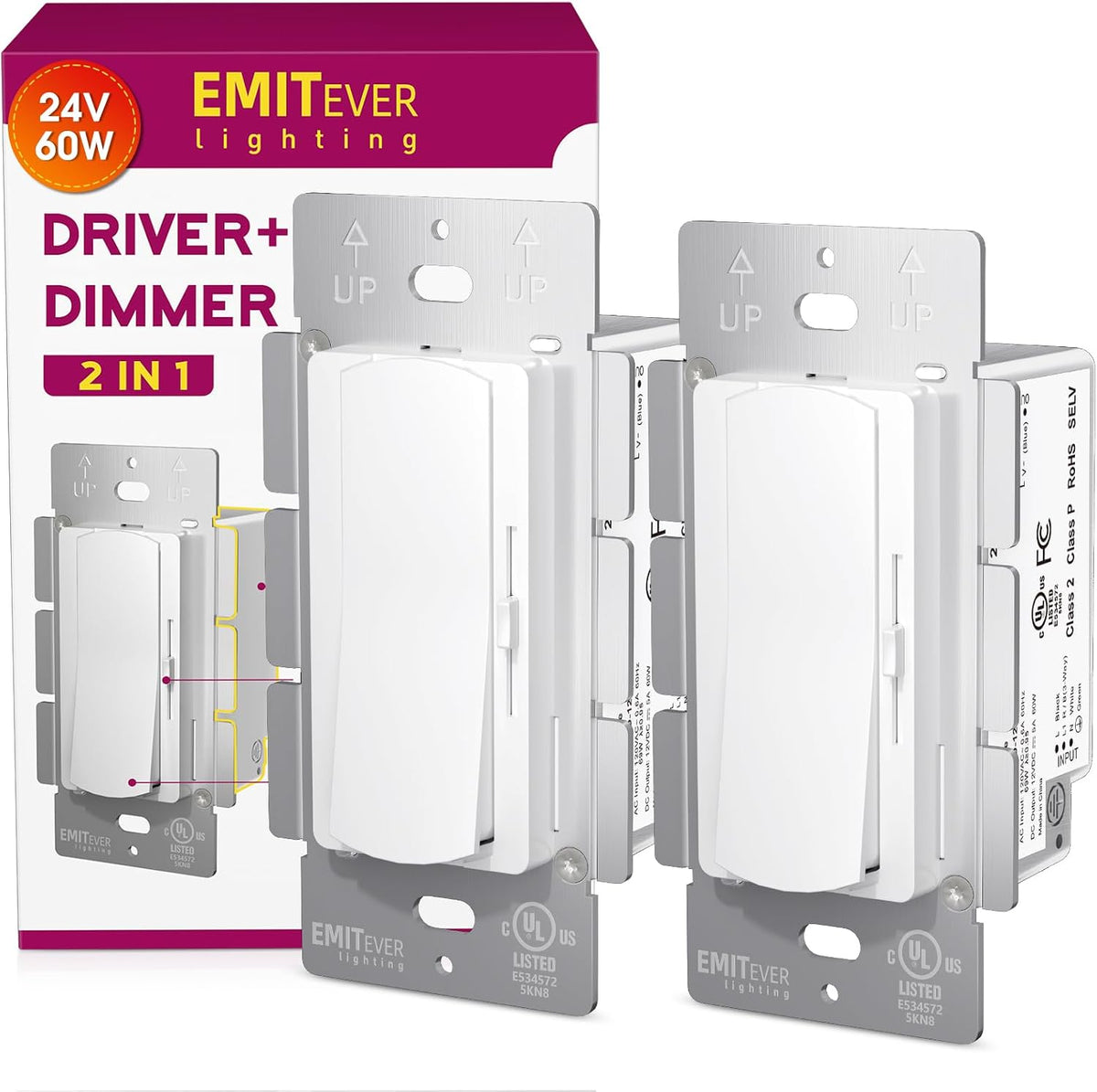 Dimmer Light Switch & 24V 60W Dimmable LED Driver 2 in 1, 2PK Single-Pole or