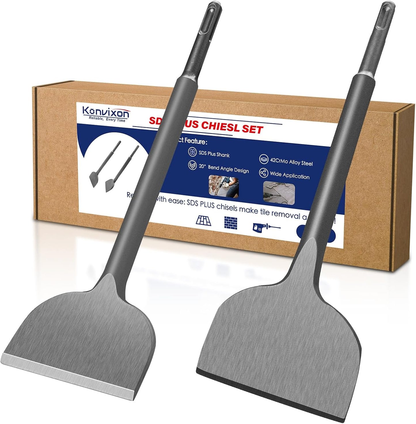 2Pcs SDS Plus Chisel Set, Flat & 20° Bent Tile Removal Bits | 3" x 10" Tile Removal Bits, 40Cr Alloy Steel, Fits Most Rotary Hammers, Wall Demolition, Tile Removal & Concrete Cleanup