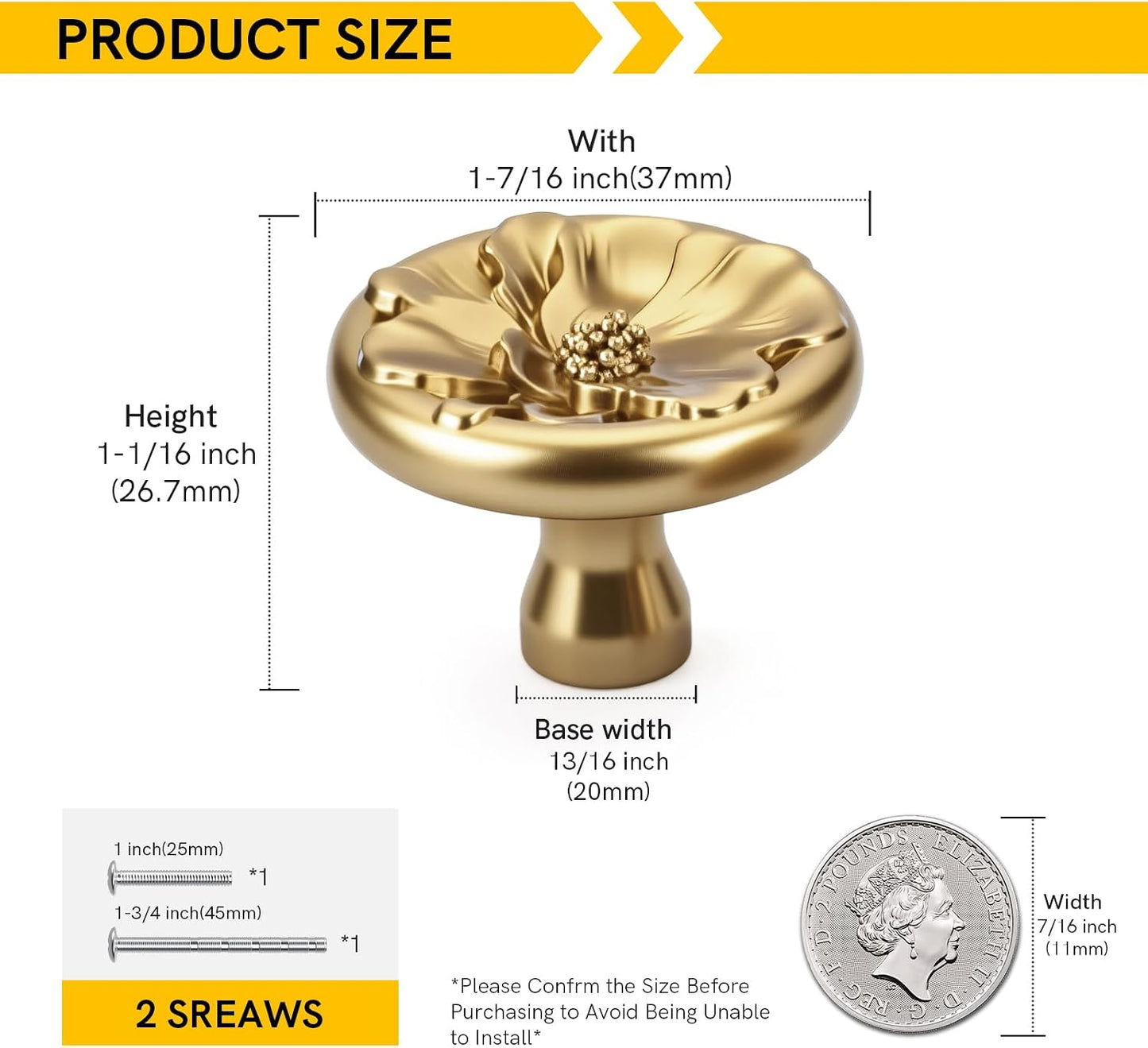 Rergy Cabinet Knobs for Drawer Dresser Closet Flower Shape 20 Pack, Solid Lemon Gold Drawer Knobs, Brushed Brass Zinc Alloy Cabinet Hardware for Cupboard Drawers Dressers