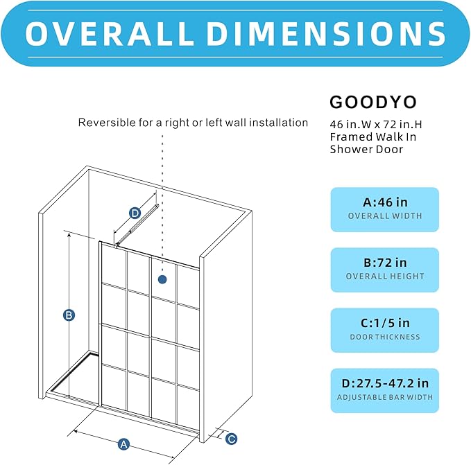 Goodyo 46" x 72" Shower Glass Door Tempered Glass Shower Screen - Image 7