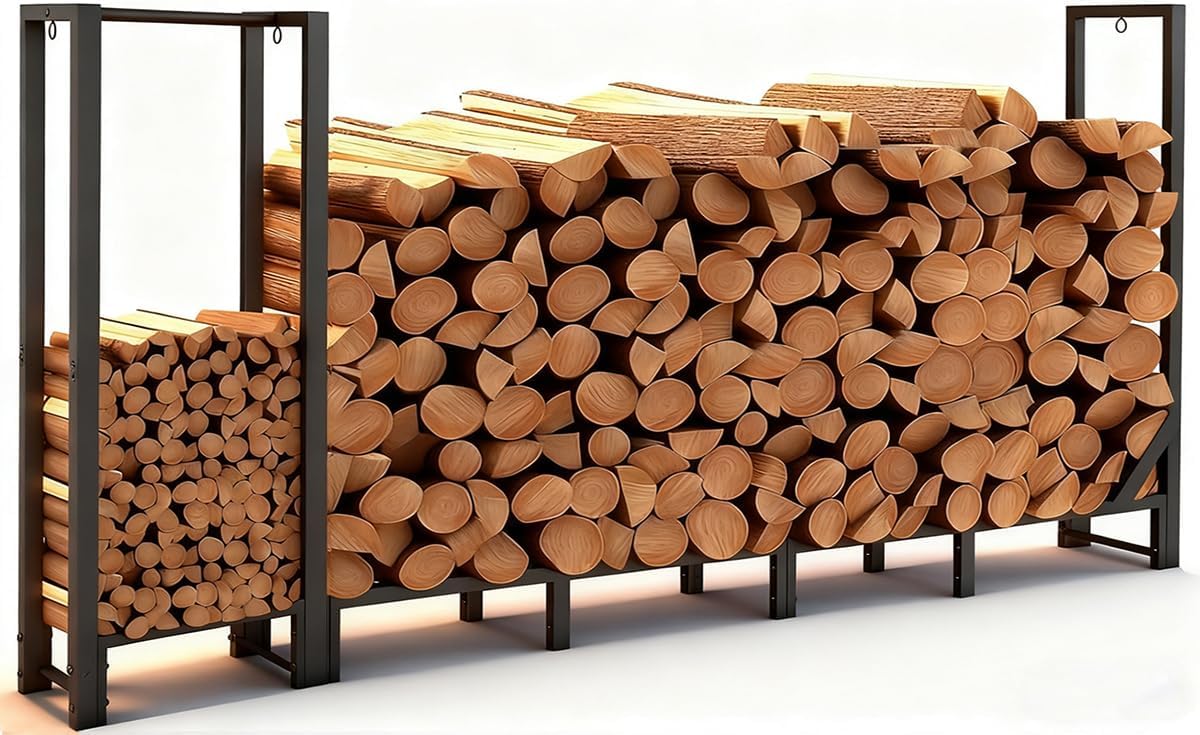 8ft heavy duty firewood rack with kindling storage,black, main product view