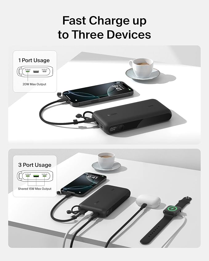 Belkin Portable Charger, USB-C Power Bank 20, 000mAh w/ 2X USB-C Ports & 1x A - Image 2