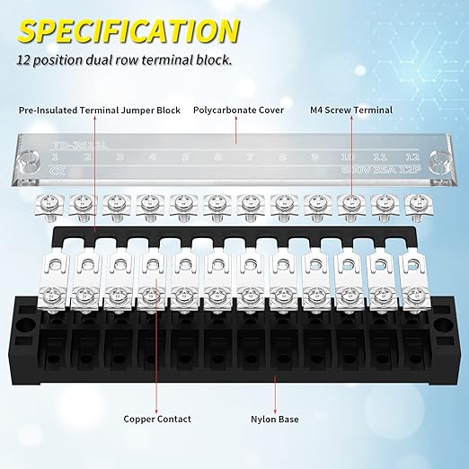 Joinfworld 35A Terminal Block 12 Position Screw Terminal Strip Dual Row - Image 3