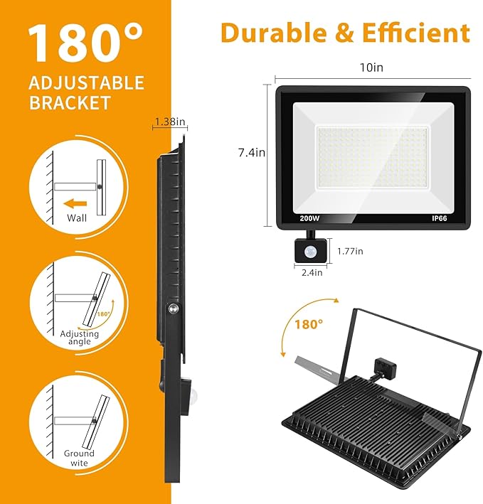 YANYCN 2 Pack 200W LED Motion Sensor Flood Light, Super Bright IP66 Waterproof - Image 6