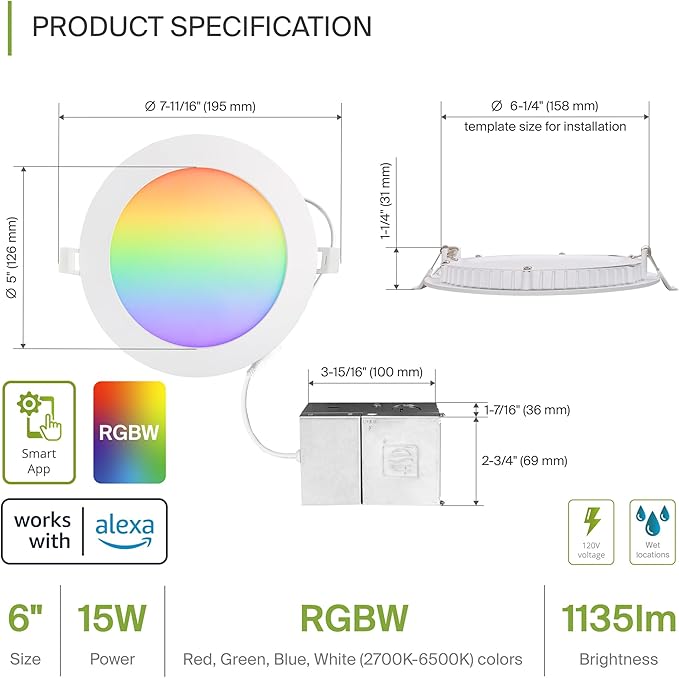 ASD 6 Pack LED Smart Recessed Lighting 6 Inch 15W, RGBW Color Changing Lights - Image 2
