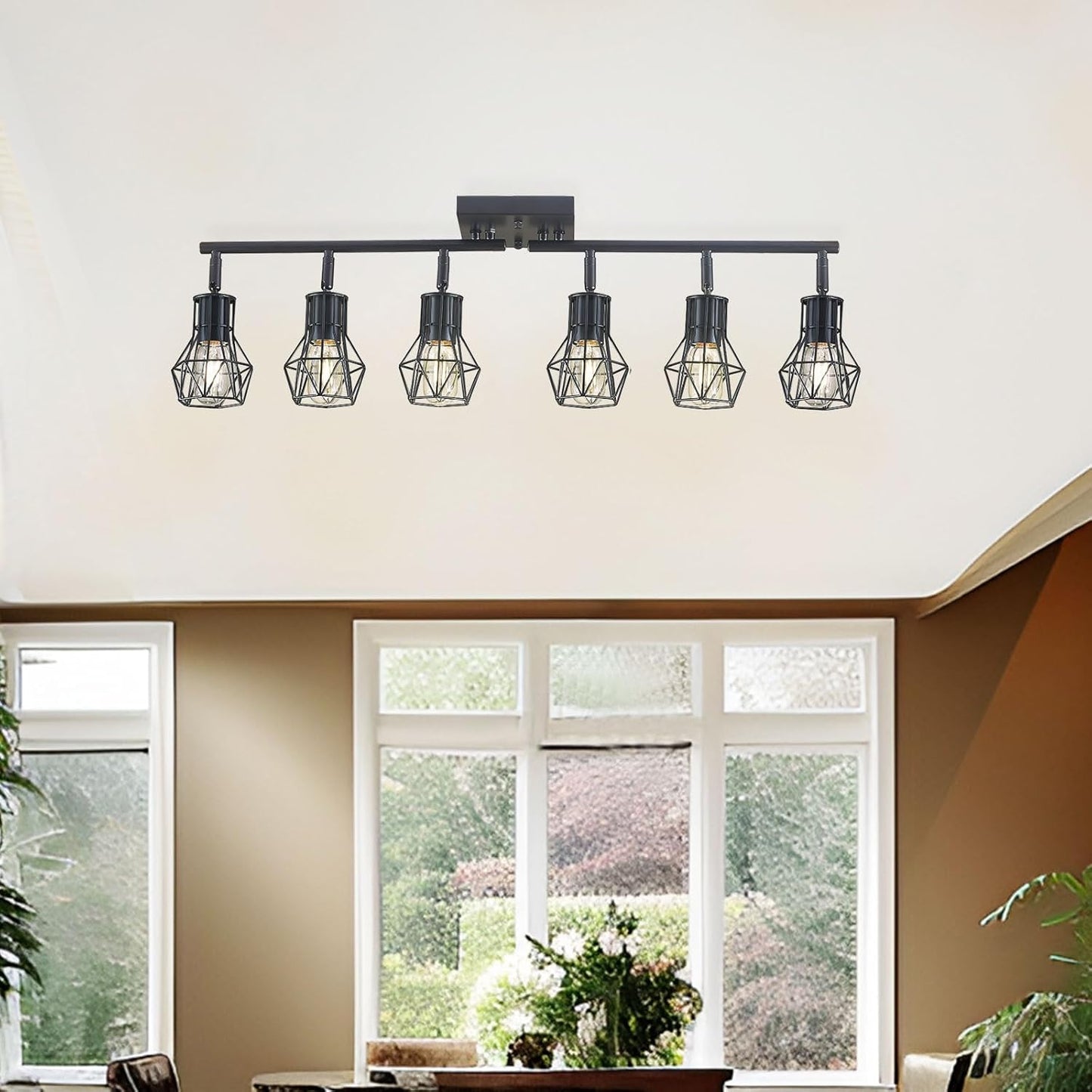 Matte Black Ceiling Mount Track Lighting 6-Light E26 for Kitchen | Matte Black 6-Light Farmhouse Track Lighting, Metal Cage, Adjustable Heads, E26 Base for Kitchen Bathroom Living Room