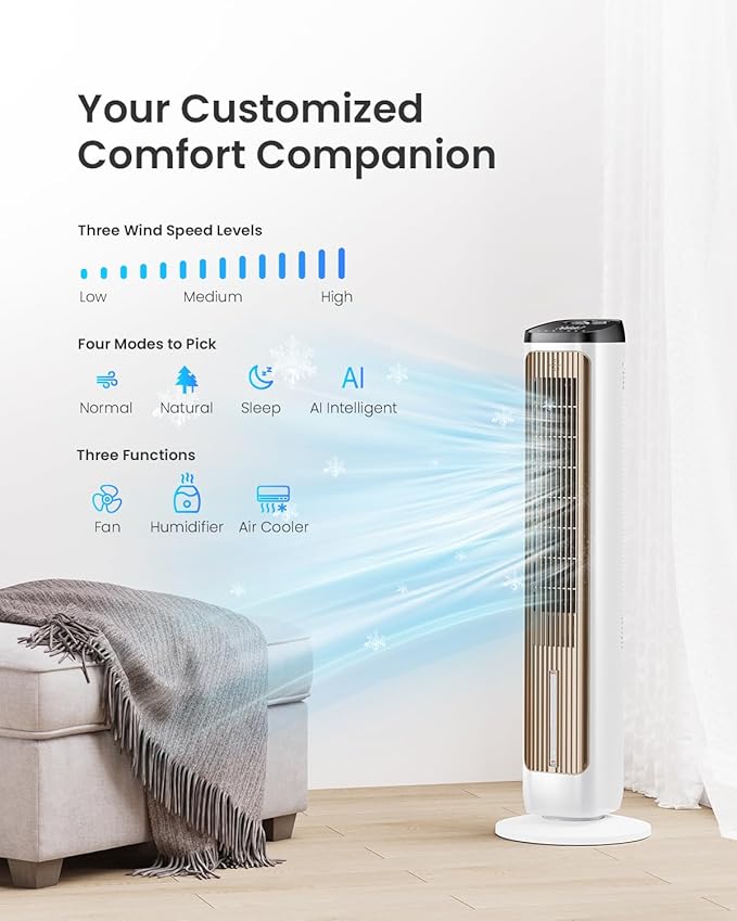 PNTCK Tower Fans with Ice Packs, 12H Timer, 4 Modes, 3 Speeds, 20FT Remote - Image 3