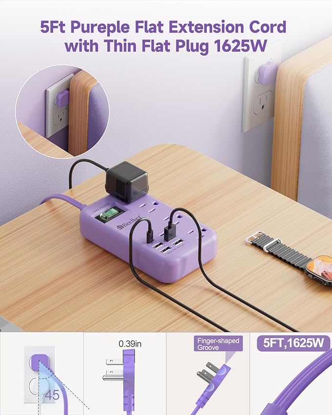 6 USB Purple Travel Power Strip- 5Ft Lavender Extension Cord - Image 4
