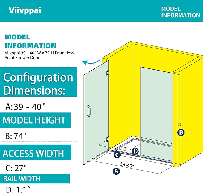 Pivot Swing Shower Door, Adjustable Width 40" W x 74" H Semi-Frameless Shower - Image 4