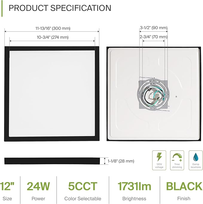 ASD LED 12" Square Flush Mount Ceiling Light Fixture, Low Profile Surface - Image 2