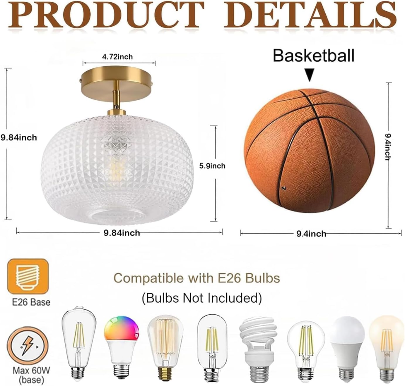 Gold Semi Flush Mount Ceiling Light Fixture,Hallway Light Fixtures,Vintage Ceiling Light Fixture,Globe Glass Ceiling Fixture,Adjustable Hanging Lighting for Bathroom Entryway Bedroom