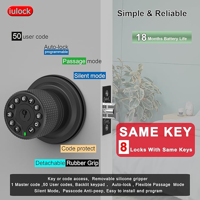 iulock Smart Door Knob with Keypad and Key, Keyless Entry Door Lock with Rubber - Image 2