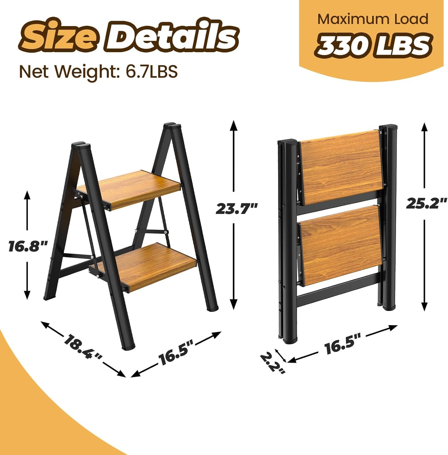 HBTower Step Ladder, Lightweight Aluminum Folding Step Stool | Anti-Slip Wide Pedal, 330lbs Capacity Step Ladder for Household Kitchen Office, BlackWoodgrain