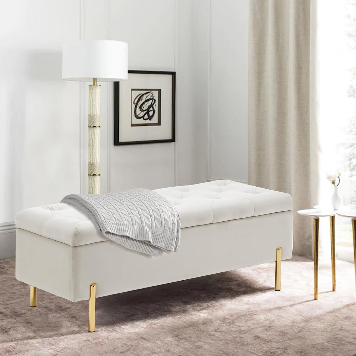 velvet storage bench ottoman, 45.6-inch end of bed on a desk or shelf