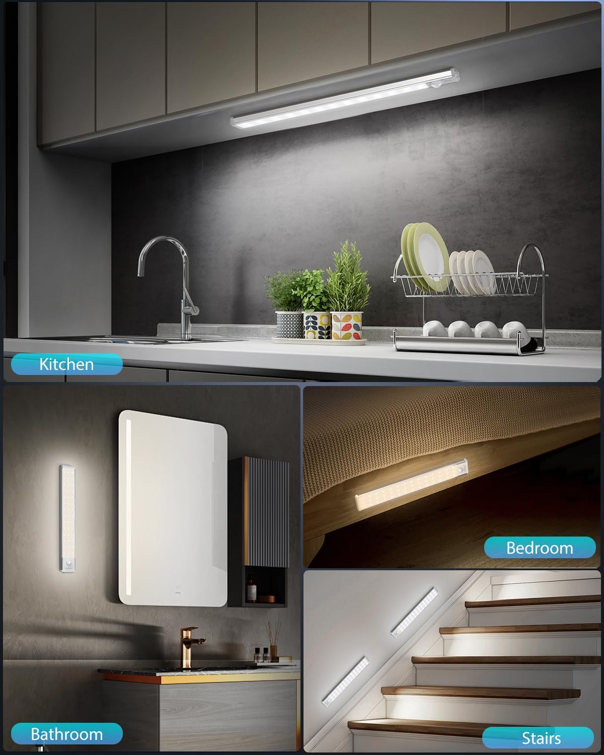 10.5" Under Cabinet Lighting, Wireless Motion Sensor Light Indoor with 3 Color Temps, Magnetic Closet Light, Dimmable Led Light, Rechargeable Under Counter Lights for Kitchen, Bedroom, Stair, 2 Pack