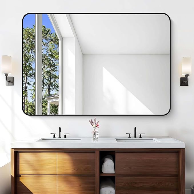 Large Bathroom Mirror, 60 x 40 inch Black Rectangle Mirror, Metal Framed - Image 5