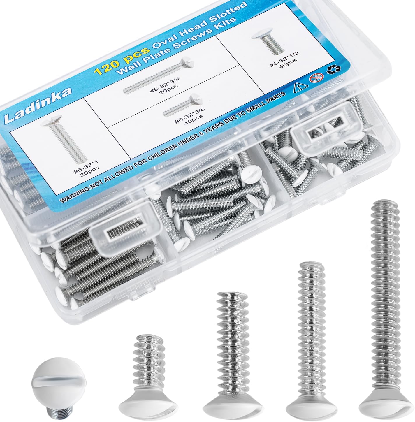 120PCS White Wall Plate Screws Kit - #6-32 Thread Outlet Cover & Switch Plate Fasteners with 4 Lengths (3/8" to 1") for Electrical Outlets, Light Switch Plates, and Faceplate Mounting