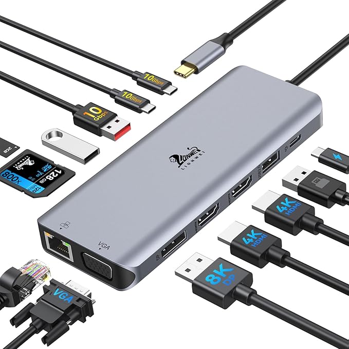 Laptop Docking Station 4 Monitors, Dual HDMI+8K DP+VGA, 100W PD, 6 USB C/A Ports by LIONWEI