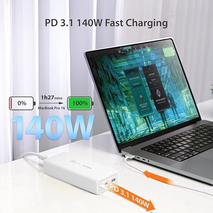 j5create 185W GaN USB-C/A 3-Port Laptop Super Charger w/Power Delivery 3.1 - Image 3