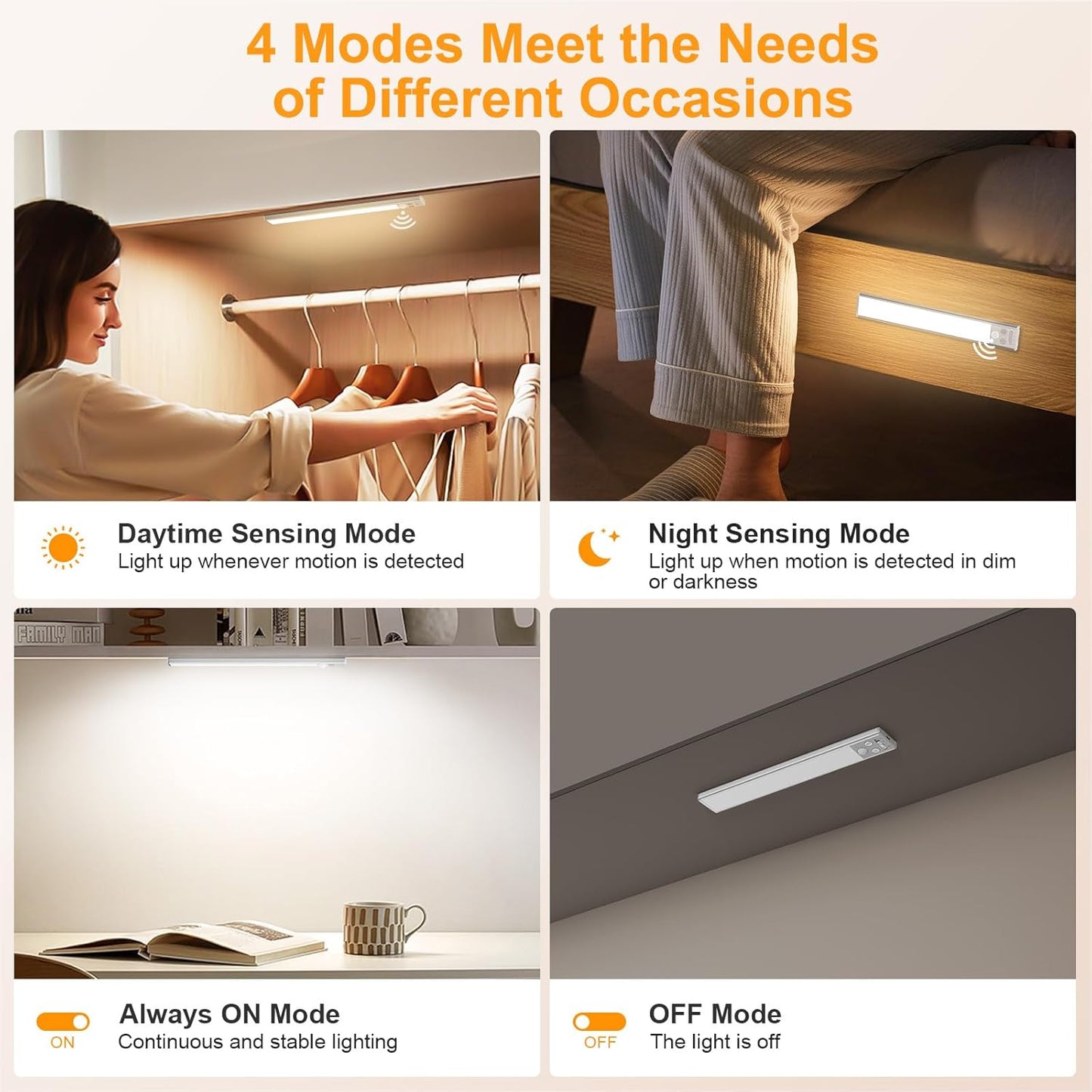 Gritin 10.2inch Under Cabinet Lighting Rechargeable 2 Pack- 3 Color Temps&5 Level Brightness, Super Bright, 4 Modes, Motion Sensor, Long Lasting - Easy Installation Magnetic Under Closet Lights
