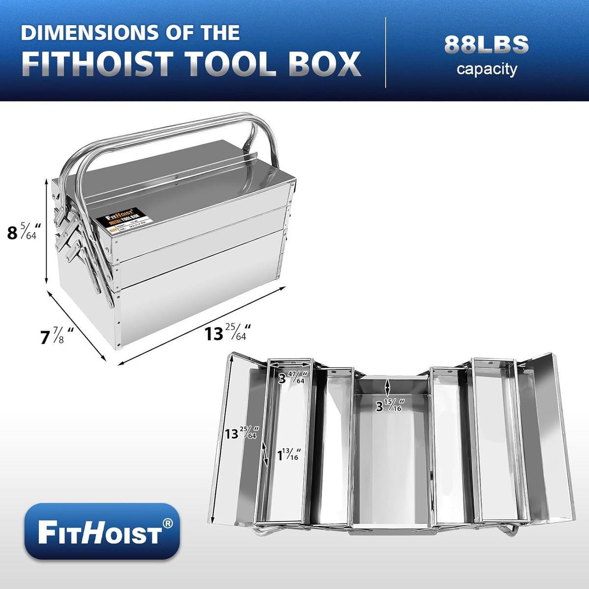 metal cantilever tool box, 3-tier 5 tray fold shown in use