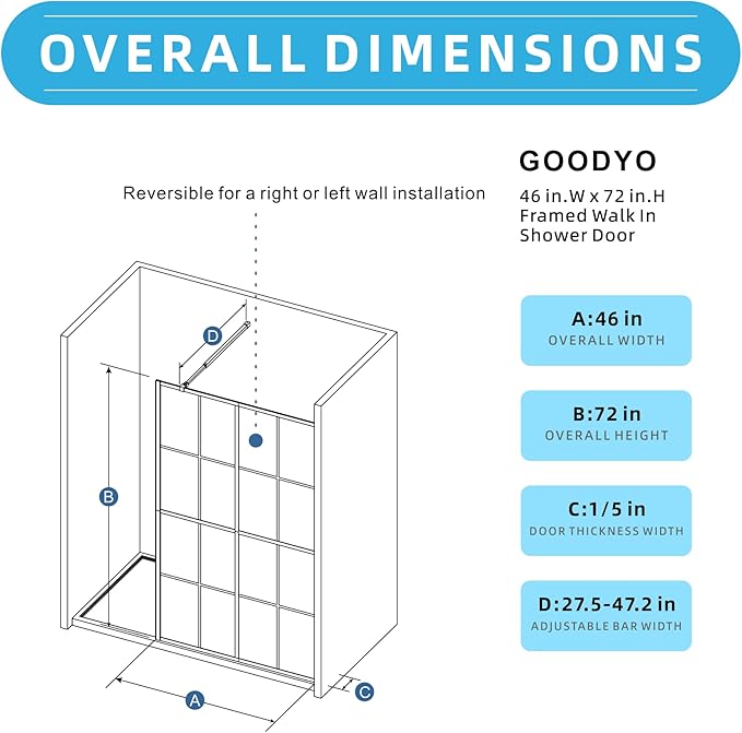 Goodyo 46" X 72" Shower Door Clear Tempered Glass Framed Shower Screen Walk-in - Image 6