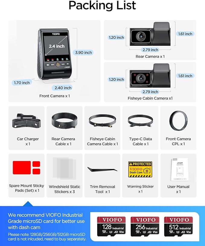 VIOFO A329S 4K 3 Channel Dash Cam, 4K Front + 2K Cabin Fisheye + 2K Rear - Image 9