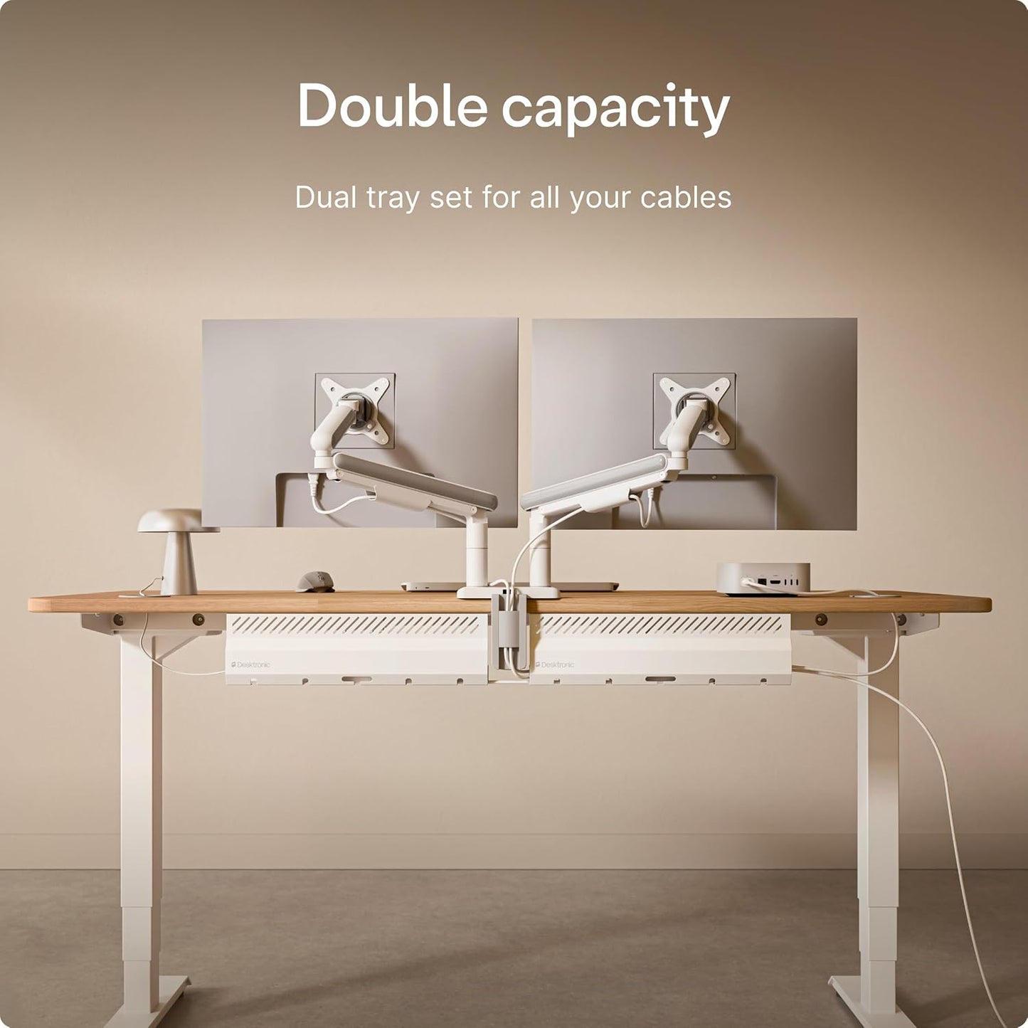 Desktronic Cable Duct Desk White Set of 2 - Stainless Steel Cable Management Desk Cable Duct with 5 Cable Cut-Outs - Easy to Install Cable Organiser - Cable Holder