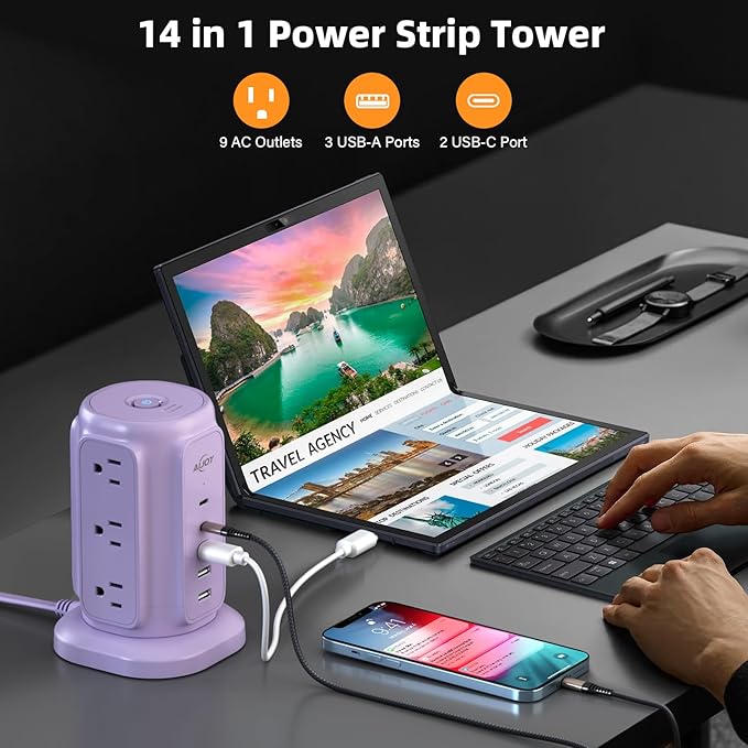 AiJoy Power Strip Tower with 9 Outlets and 5 USB Ports, 1200J Surge Protection - Image 2