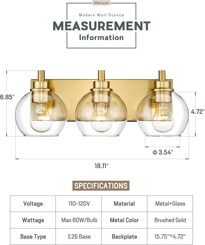 METWET Bathroom Light Fixtures, 3-Light Brushed Gold Vanity Light, Modern Wall - Image 3
