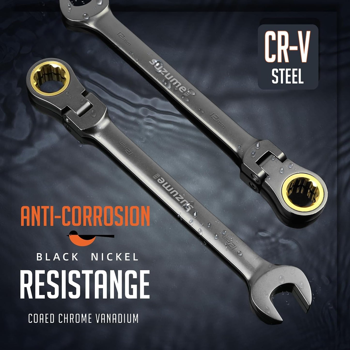 12mm Flex Head Ratcheting Wrench Metric 72 Teeth Cr-V Steel 15K+ Cycle Locked Gears with 180° Flexible Head Black Nickel Coating