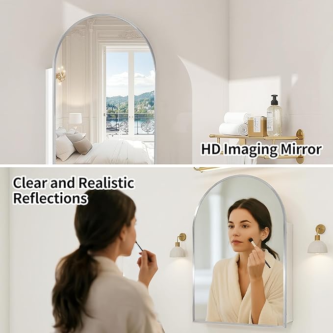 Arched Medicine Cabinet with Mirror, Bath Vanity Mirror with Storage, Aluminum - Image 3