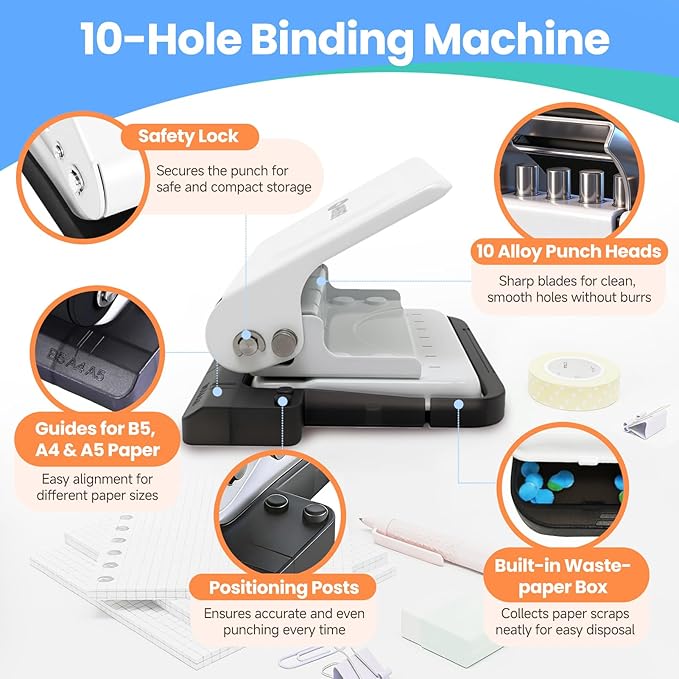 10-Hole Binding Machine for Planners, Metal Punch Loose Leaf Tool 26 Holes for - Image 2