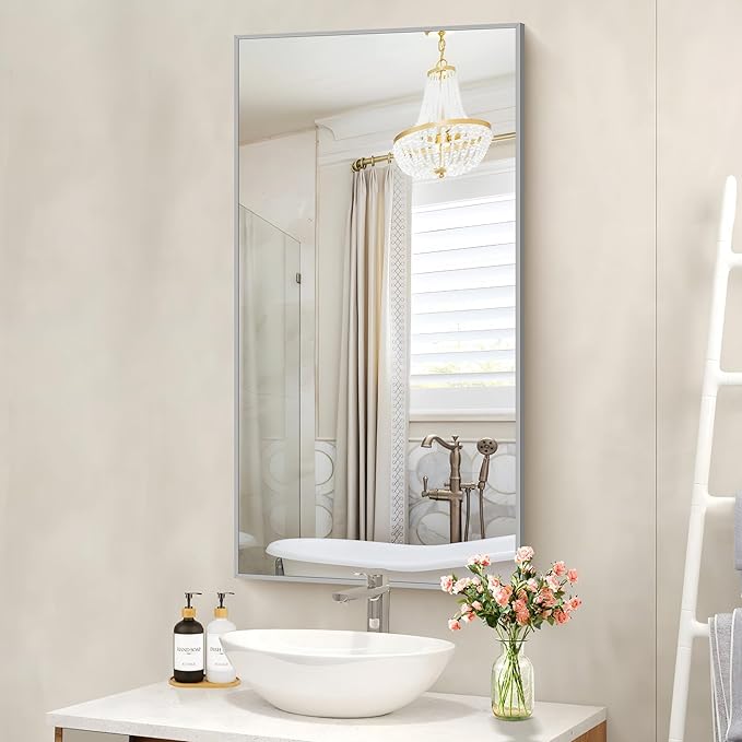 48x24In Silver Bathroom Mirror for Wall, Brushed Nickel Rectangle Mirrors - Image 9