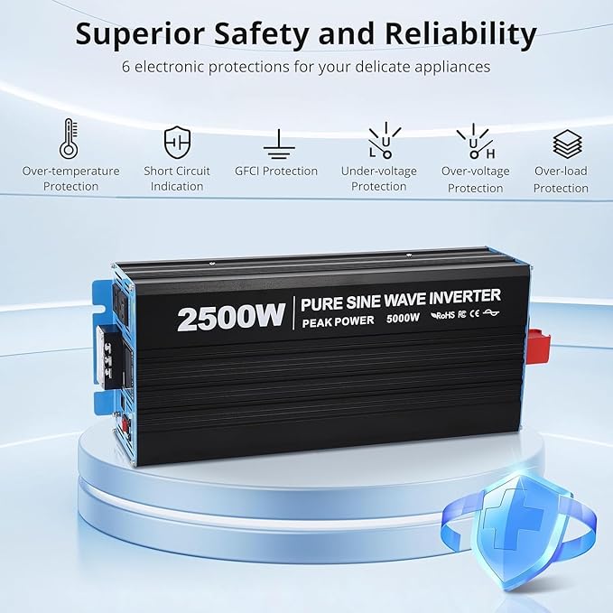 2500W Pure Sine Wave Inverter, 1 USB Port 5v/3.4a, LCD Display&Remote Controller - Image 4