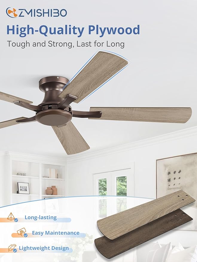 ZMISHIBO 52 Inch Ceiling Fan No Light, Flush Mount Low Profile, Farmhouse Brown - Image 6