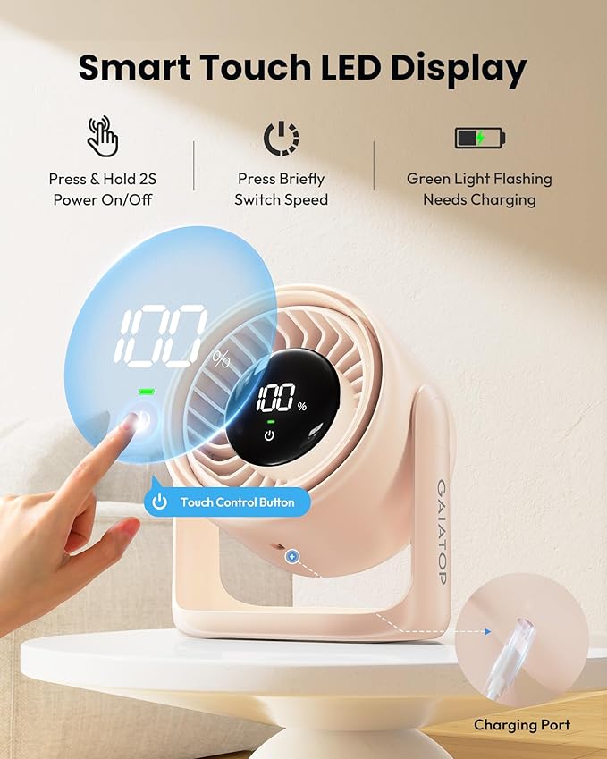 Gaiatop Desk Fan with Touch Control, 4000mAh Battery, 5 Speeds Ultra Quiet - Image 2