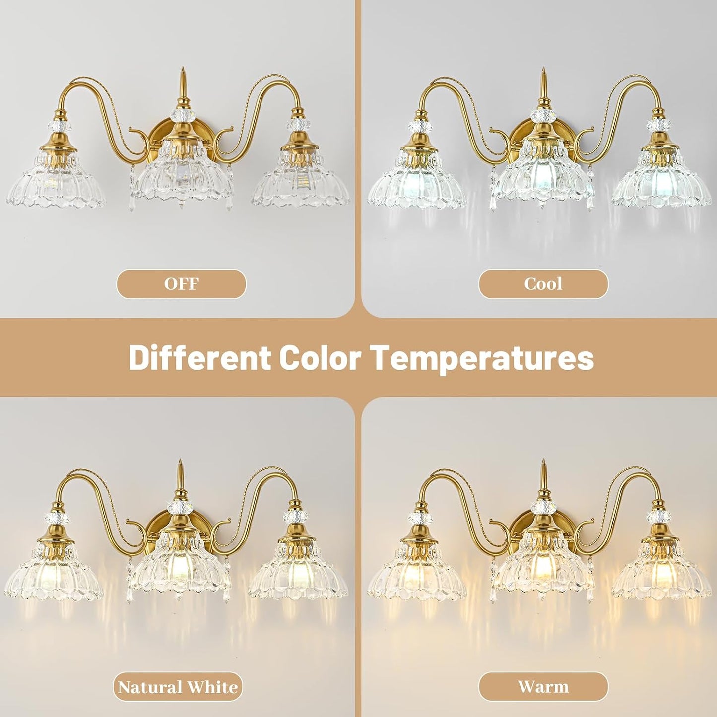 Vintage Bathroom Vanity Light, 3-Light Brushed Gold Finish Wall Sconce with Hanging Crystal Accents and Flower-Shaped Clear Glass Shades, Retro Wall Mount Vanity Light Over Mirror for Bathroom