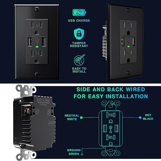 EverElectrix 2-Pack 4.8A Black Wall Outlet - 15Amp Duplex Tamper Resistant - Image 5