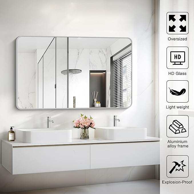 48x30 Inch Silver Bathroom Mirror, Metal Framed Silver Rectangle Mirrors - Image 5