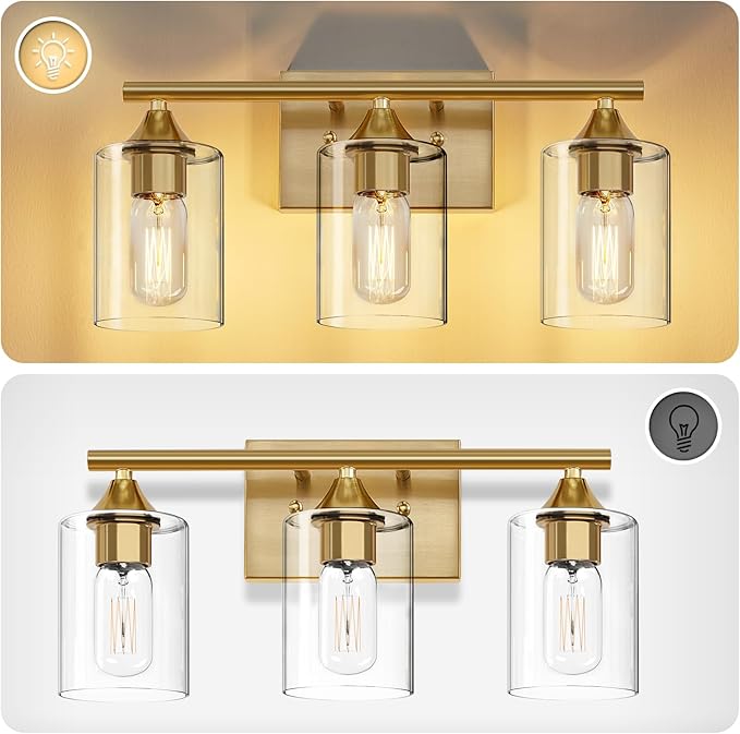 XPEHK Gold Bathroom Light Fixtures, 3-Light Vanity Lights, Modern Brushed Brass - Image 7