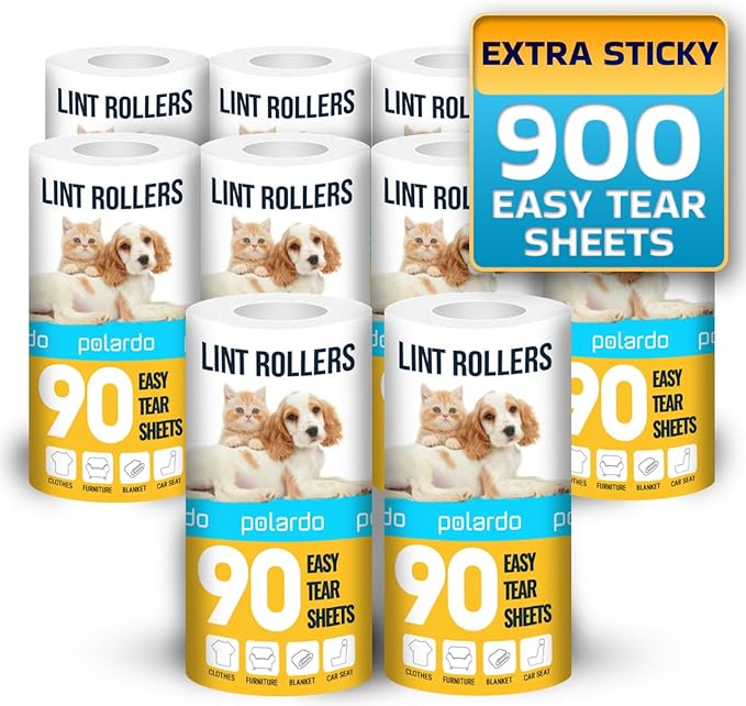 Lint Rollers 900 Sticky Sheets, 10 Spare Rollers, 10 Pack of Refills Only. Pet by Polardo