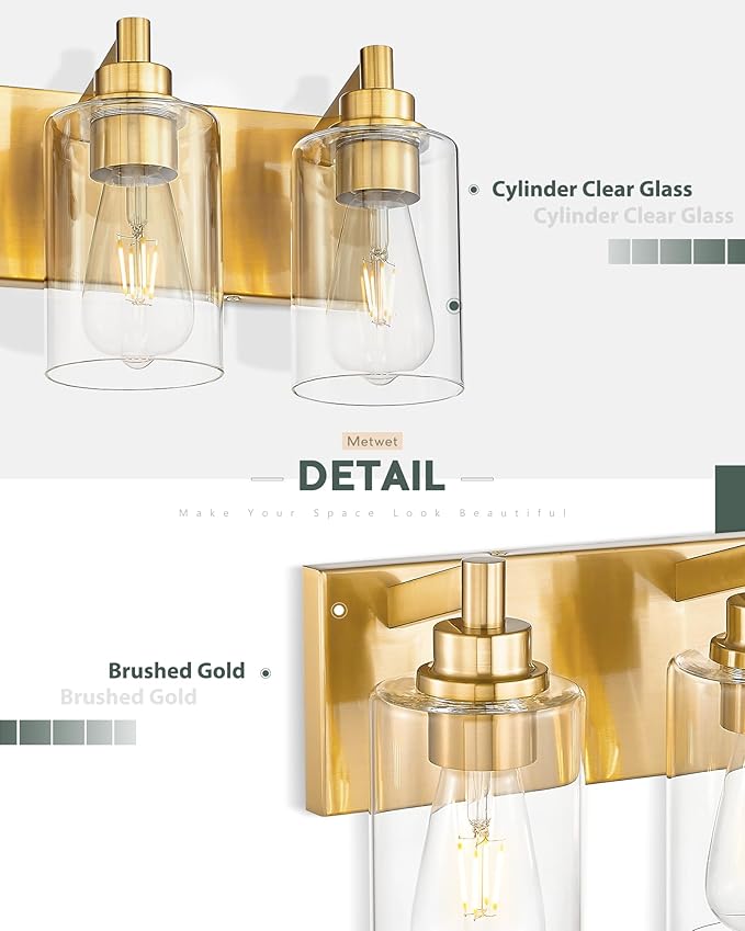 METWET 3-Light Bathroom Light Fixtures, Brushed Gold Vanity Light - Image 2