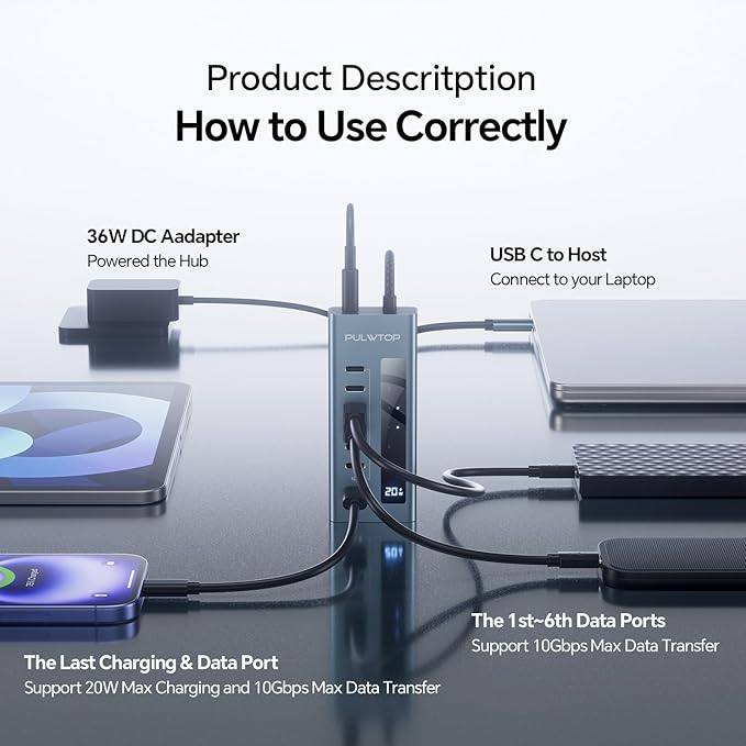 USB C Hub for Laptop, PULWTOP 7 in 1 10Gbps USB Adapter Support Data & Charging - Image 6